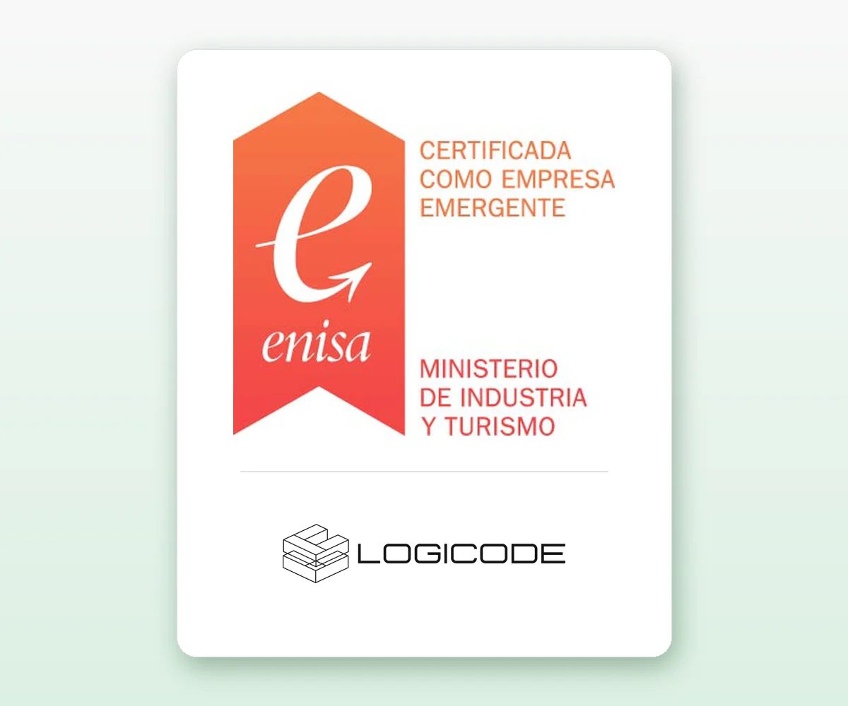 Sello de ENISA de empresa emergente certificada (Ley 28/2022 de startups) con el logotipo de Logicode, concedido en septiembre de 2024