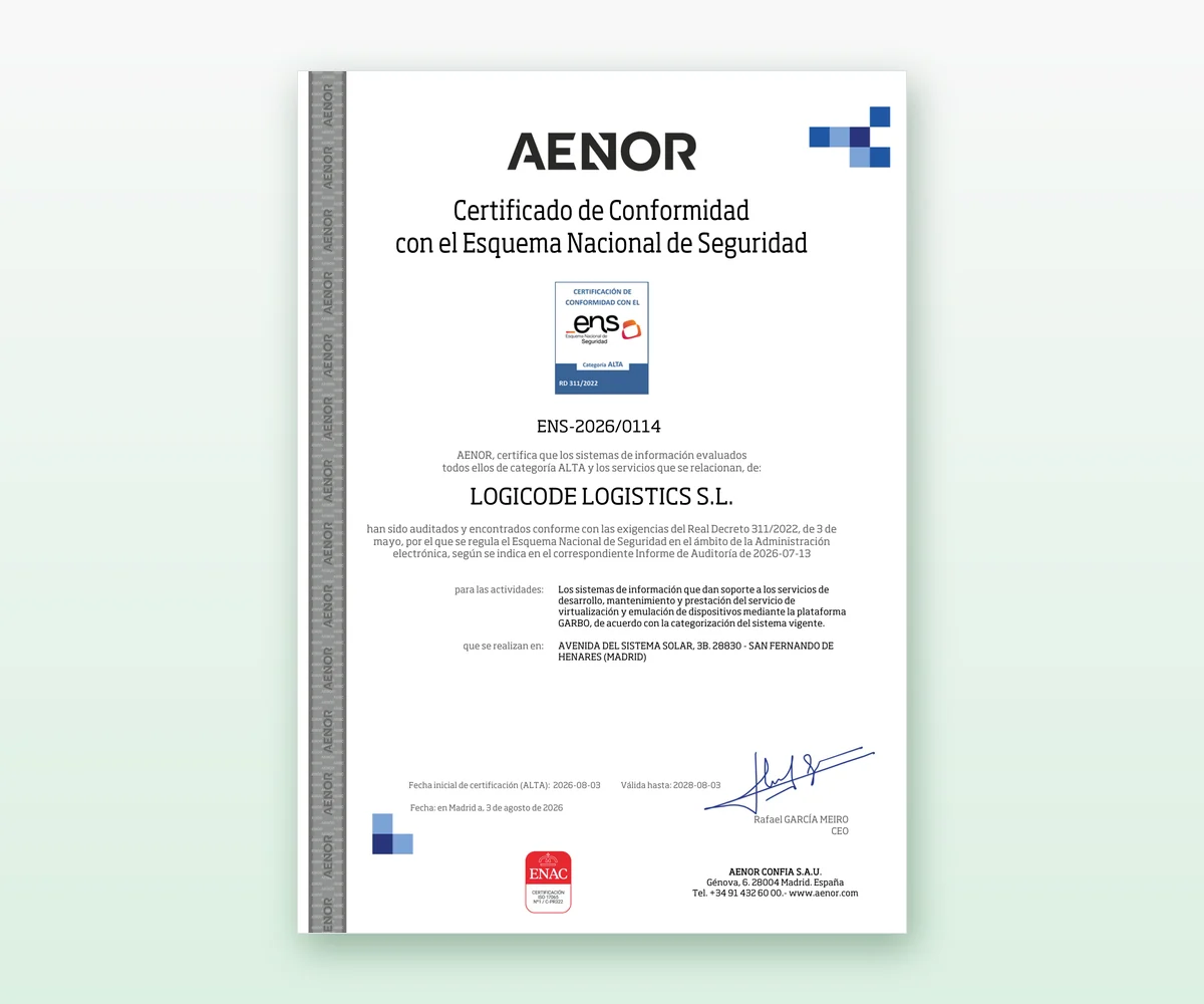 Certificado de conformidad de AENOR con el Esquema Nacional de Seguridad (ENS), categoría ALTA, emitido a Logicode