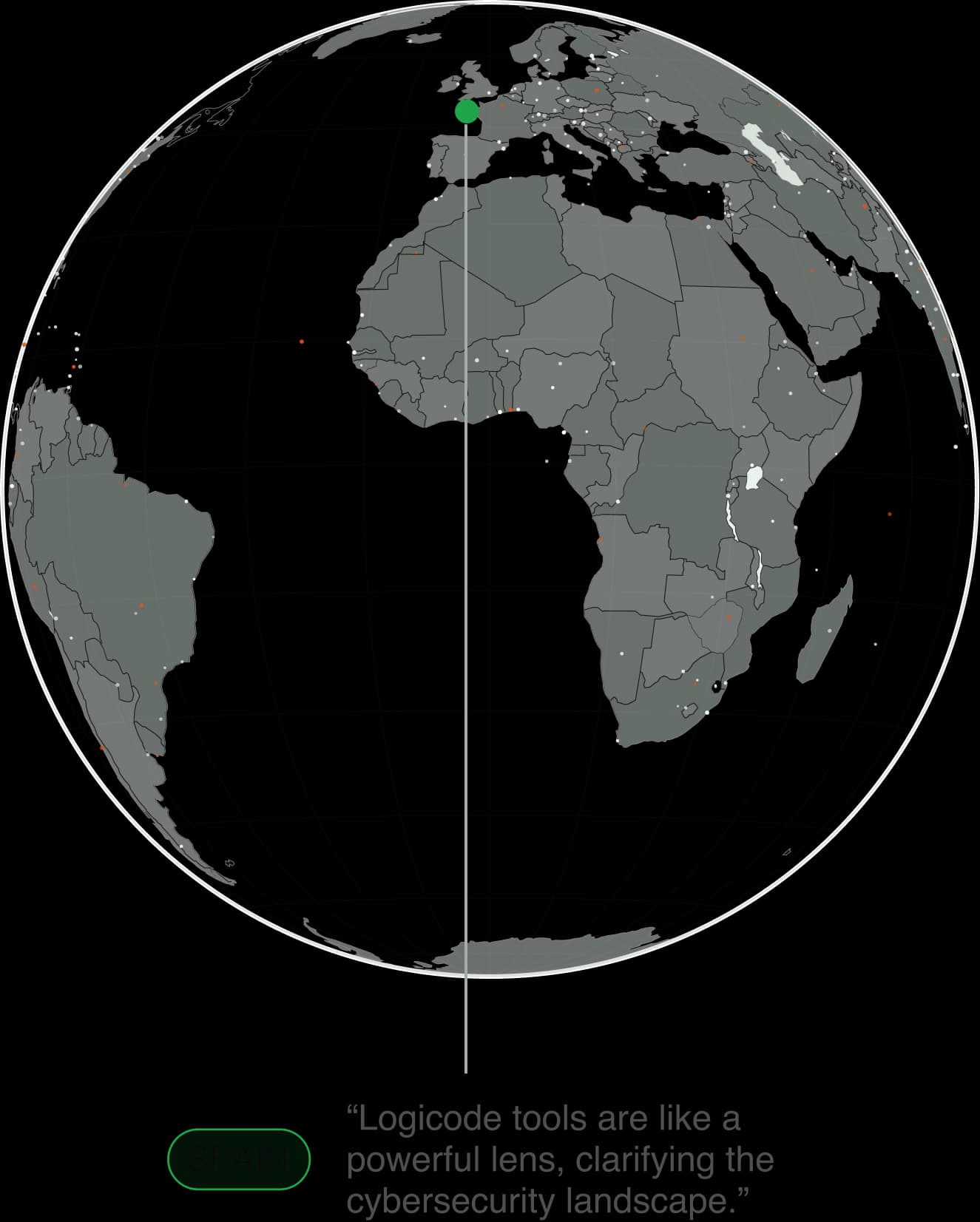 Représentation stylisée de la Terre avec l’Espagne mise en valeur, illustrant la présence européenne de Logicode en cybersécurité avec une portée mondiale